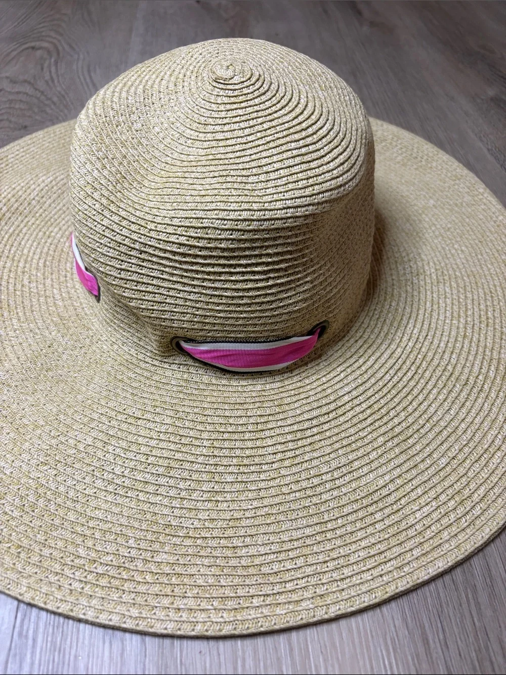 J. Crew Floppy Straw Sun Hat with Pink Striped Bow summer beach vacation cruise